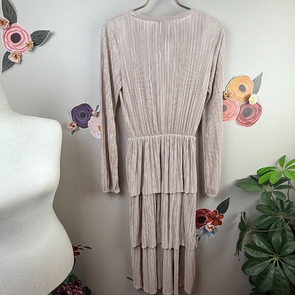 Zara Pleated Tiered Champaign Sheen Long Sleeve Dress - Size - Small - Picture 5 of 6